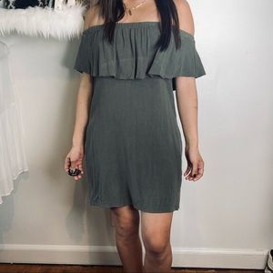 ee:some 100% linen olive green convertible ruffle bust mini dress